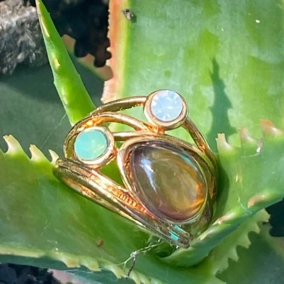 NEW! 18 Karat Gold Plated 925 Sterling Amber Multi Stone Ring Size 7 - Picture 5 of 6